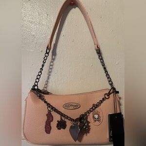 Pink Leather Shoulder Bag with Chain by ED Hardy